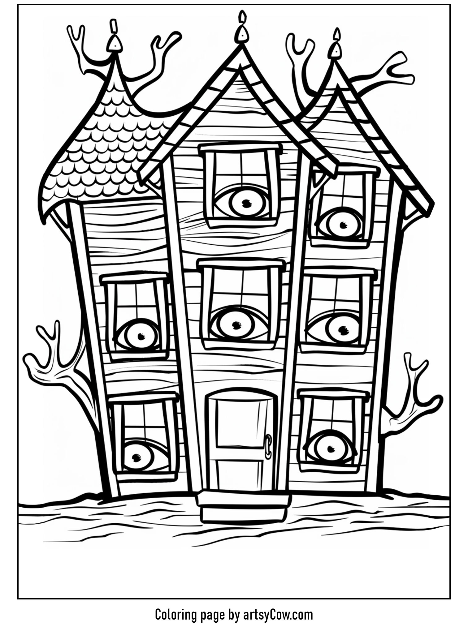 scary halloween coloring pages: This image displays an eerie haunted house with multiple eyes peering out from the windows, perfect for a spine-chilling coloring experience.